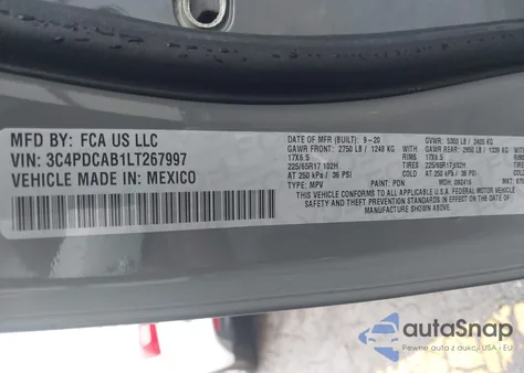 2020 Dodge Journey Se Value z USA, uszkodzony, nr VIN 3C4PDCAB1LT267997